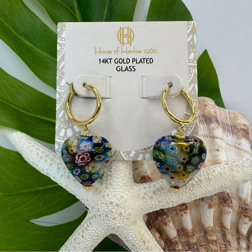 House of Harlow 1960 14K Gold Plated Floral Glass Heart Earrings